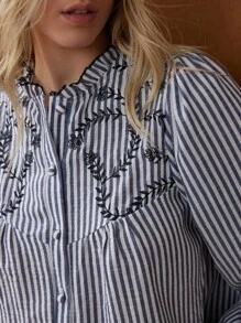 Écloséra Camisa de manga larga con botones, bordada y a rayas, de estilo vintage para mujer, para otoño/invierno