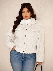 Elaquor 大码女式纯色翻领长袖羊毛休闲夹克，秋冬装，白色夹克，女式白色外套，女式休闲装，女式冬装 - 杏色 - 查看 3