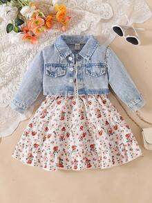 SHEIN Vintaside Kids 2 件套女婴牛仔碎花夹克和连衣裙休闲套装，适合秋季户外穿着 - 彩色 - 查看 5