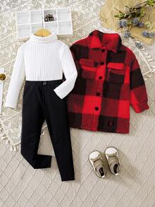 SHEIN Bộ 3 món/Bộ áo khoác len kẻ caro ấm áp dài vừa phải, áo len dài tay và quần legging cho bé gái, trang phục mùa đông cho bé gái - Đỏ - Xem 2