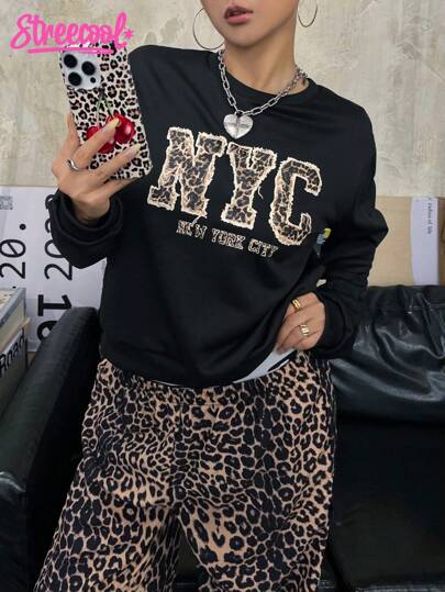 SHEIN Explorewe 2pcs Teen Girls American Casual Style Autumn/Winter Set: Letter Print Crew Neck Sweatshirt + Leopard Print Wide-Leg Pants. Comfortable Fabric, Casual Silhouette, Classic Leopard Element Accented With Black Bow, Suitable For Everyday Wear. Personalized Graphic Tee With Leopard Pants, Street Style Set. Cheetah Print Pants Fall