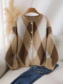 CosyJoli 大码女式菱形图案落肩长袖单排扣针织开衫，秋季女式开衫钻石开衫棕色开衫菱形开衫女式开衫棕色开衫 - 彩色 - 查看 4