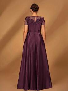 Serin 优雅奢华浪漫网眼拼布缎面褶饰奢华串珠贴花短袖蝴蝶结 A 字下摆连衣裙，适合晚会、约会、度假、舞会、婚礼、新娘母亲礼服 - 紫色 - 查看 2