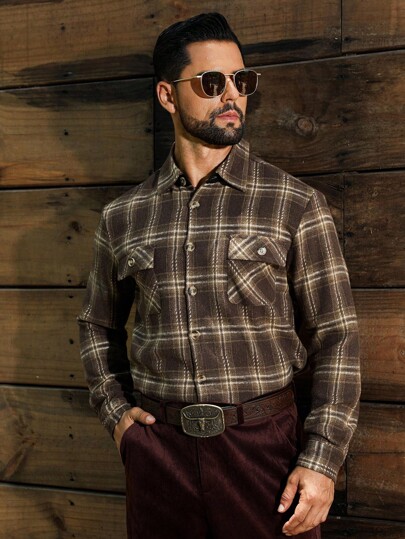 Manfinity Nomadique Chaqueta casual a cuadros para hombres, chaqueta de franela a cuadros para primavera/otoño, ropa de campo para hombres con botones, ajuste occidental