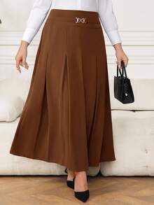 Modelyn Plus Size Autumn Simple Metal Decor Pleated Skirt - Brown - View 5