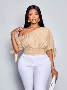 SOLERSUN Plus Size Spring And Summer New Asymmetrical Sleeve Bubble Sleeve Bow Tie Shoulder Pleat Elastic Waist Imitation Denim Fabric Top Elegant Business Casual Sexy Casual Everyday Fashion Women's Clothing Beige - Khaki - View 6