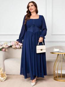 Modelyn Plus Size Solid Color Square Neck Fashion Tie-Waist Pleated Dress - Navy Blue - View 4