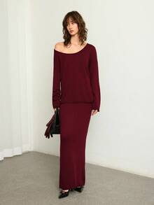 ATUI Studio 2 pièces Ensemble de pull tricoté décontracté à col rond, manches longues et épaules tombantes, couleur unie pour femmes