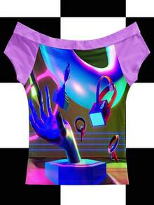 Shutterstock Colorblock Dopamine Pixel Gradient Donut Palm Sculpture Speaker Y2K Neon Digital Print Sexy Crop Top Off Shoulder T-Shirt Rave Top Graphic Tops Rave Tops Graphic Tee - Multicolor - View 2