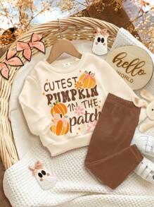 SHEIN Cream White Cute Pumpkin & Bow Print Sweatshirt And Leggings Set, Cozy Thick Round Neck Long Sleeve Pullover And Skinny Pants, Suitable For Autumn/Winter, Halloween Pumpkin, Autumn Outfits, Easy Comfort, Autumn Layers For Baby & Girls, Stylish Baby Girl, Casual Wear, Baby & Baby Girl Graphic Clothes, Fall Clothes