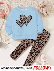 SHEIN 年轻女孩豹纹心形图案休闲圆领长袖运动衫和紧身裤两件套，适合秋冬季 - 彩色 - 查看 3
