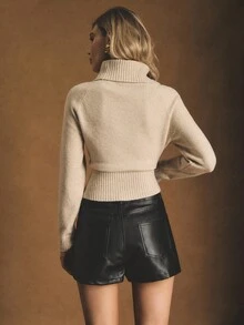 Poéselle 女士纯色高领插肩袖短款针织上衣，百搭 - 杏色 - 查看 6