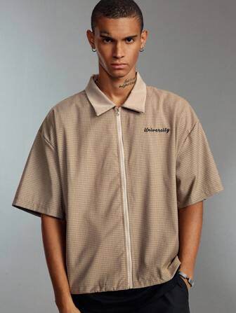 Prep Herren Lässiges kariertes Reißverschluss-Hemd, College-Stil