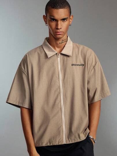 Prep قميص كاجوال مخطط للرجال، بسحاب، بطراز كلية