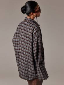AiiRZ 超大格子纽扣衬衫棕灰色长袖领秋冬法兰绒男友风休闲街头时尚上衣 - 彩色 - 查看 2