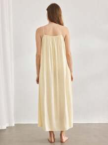 Ocili 休闲女士舒适天然亚麻简约细肩带长裙，家居服假日季 - 卡其色 - 查看 2
