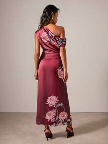 COSMINA 女士优雅印花斜肩长裙 - 酒紅色 - 查看 2