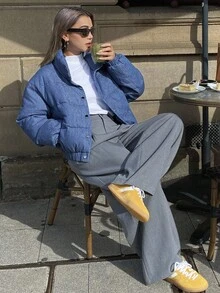 DAZY Women's Denim Stand Collar Padded Coat, Autumn/Winter Jacket Y2k - Blue - View 5