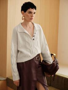 Uhlyne Uhlyne Women's Minimalist Casual Daily Commute Versatile Solid Apricot Pullover Sweater, Elegant Drop Shoulder Long Sleeve Button Collar Loose Wool Knit Top, Autumn/Winter - Apricot - View 7