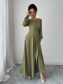 Elenzga Đầm dài tay xếp ly eo thanh lịch cho nữ - xanh quân đội - Xem 5