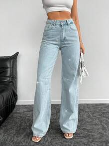 EURMUSE Quần Jeans Ống Thẳng Cạp Cao Đính Đá Rhinestone 100% Cotton - Màu xanh lam - Xem 5