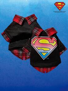 SUPERMAN X PETSIN 1pc Ombre Retro Style Logo Print Black Knit Patchwork Plaid 2 In 1 Stylish Vintage Sweatshirt, Suitable For Cats And Dogs