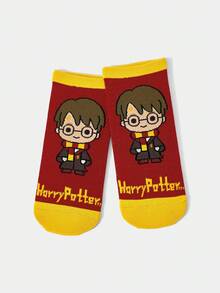 HARRY POTTER X SHEIN 1 双女式卡通人物图案拼色踝袜 - 紅色 - 查看 3