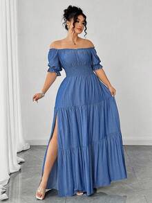 Auvina Đầm Maxi giản dị thanh lịch xẻ tà bên hông, màu xanh trơn giả denim cho nữ cỡ lớn mùa xuân/hè - Màu xanh lam - Xem 3