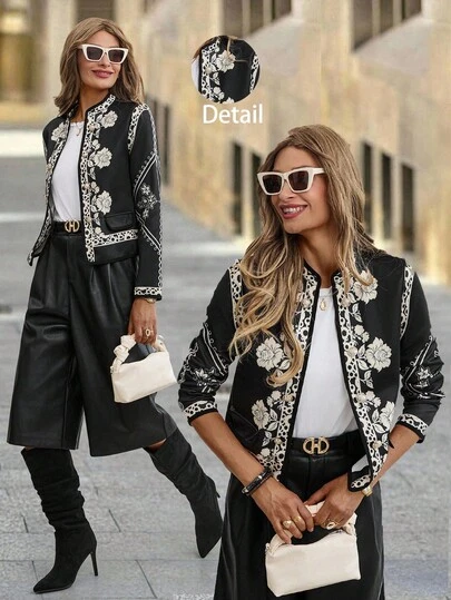 Solivie Women's Floral Print Single-Breasted Long Sleeve Fashion Jacket, Suitable For Outings, Autumn/Winter