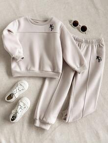 PrepCrw Young Boy Casual College Style Letter Print Hoodie And Elastic Waist Sweatpants Set, Autumn/Winter Fall - Khaki - View 1