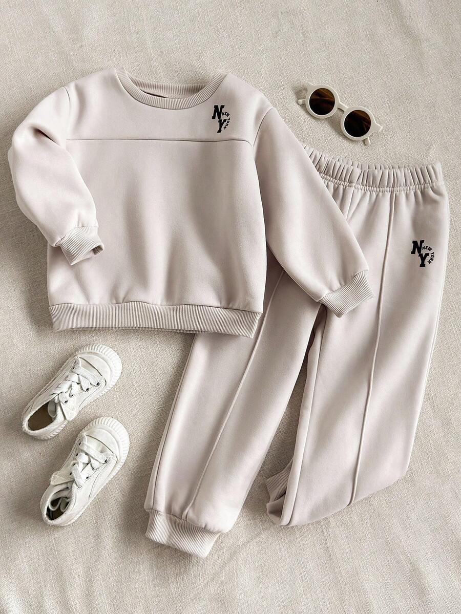 PrepCrw Young Boy Casual College Style Letter Print Hoodie And Elastic Waist Sweatpants Set, Autumn/Winter Fall - Khaki - View 1