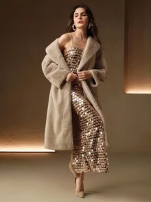 Anewsta 女士优雅人造毛领收腰高端冬季外套 - 杏色 - 查看 3