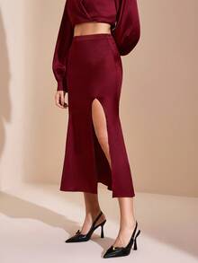 JIAN LASALA Mid-Waist Flared Midi Satin Skirt With High Slit Women Autumn Elegant Party New Year Outfits Wedding Guest Luxury Stylish Clothing Collection - Burgundy - View 6