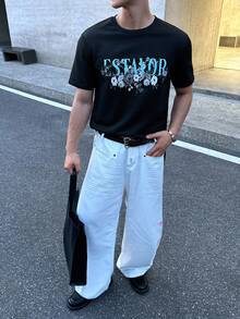 SWAVVY 男士休闲街头风格日常穿着圆领短袖印花 T 恤，夏季 - 黑色 - 查看 5