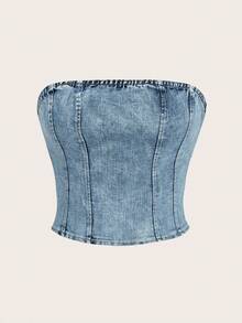 SHEIN MOD Women's Fashion Fitted Denim Tube Top, Suitable For Daily Wear - Medium Wash - View 4