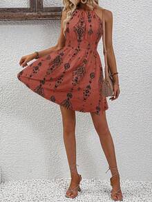 SHEIN LUNE Women's Printed Waist Flared A-Line Vacation & Casual Halter Neck Dress - Redwood - View 5