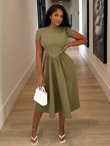 Alexandranx Black Herringbone Print Mid-Length Dress,Sun Dress - Army Green - View 1