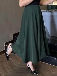 Dazy Plus Plus Size Women A-Line Long Elegant Casual Skirt, All Season Fall - Dark Green - View 4