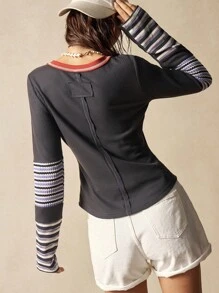 Bohemela 秋冬波西米亚风休闲针织拼布长袖圆领修身女式T恤 - 黑色 - 查看 7