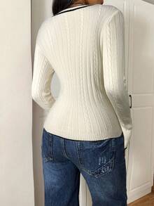 SHEIN EZwear Áo len chui đầu dài tay họa tiết sọc ôm sát dành cho nữ - Màu be - Xem 2