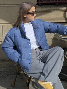 DAZY Women's Denim Stand Collar Padded Coat, Autumn/Winter Jacket Y2k - Blue - View 2