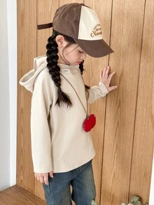 SHEIN 少女休闲连帽插肩袖T恤 - 卡其色 - 查看 5