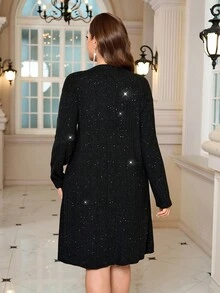 Miaspire 大码女式黑色圆领长袖连衣裙，秋冬 - 黑色 - 查看 2