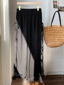 Comfortcana 女式休闲黑色花卉网眼拼接侧系带阔腿裤 - 黑色 - 查看 2