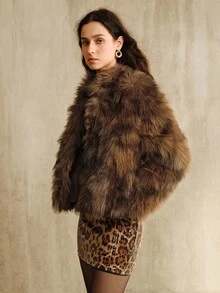 Anewsta Women's Autumn/Winter Short Faux Fox Fur Collar Zip-Up Casual Loose Faux Fur Jacket - Camel - View 6