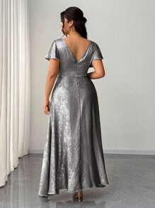 Elenzga Rochie lungă pentru femei, mărime mare, elegantă, romantică, luxoasă, pentru petrecere, banchet, invitată la nuntă, cu decolteu în V, guler înfășurat, mâneci cu volane, crăpătură înaltă, luciu metalic, mânecă scurtă - Negru - Vizualizare 3