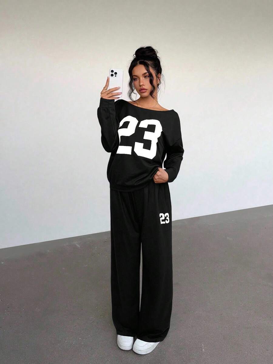 Aloruh Women's Casual Loose Fitting Number Print Long Sleeve Sweatshirt And Pants 2 Pieces Set, Autumn,Fall - Black - View 1