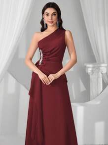 Coutiva 新款时尚优雅修身斜领无袖连衣裙 - 酒紅色 - 查看 4