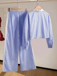 Teen GirlCasual Basic School/Commute Colorblock Splice Long Sleeve Shirt + Loose Wide Leg Striped Pants Set Fall Winter - Blue - View 3