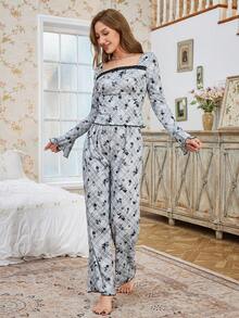 CottageSlumber Pijamale pentru femei, casual, cu guler pătrat, în carouri și imprimeu floral cu mânecă lungă, tricou și pantaloni, set de pijamale florale, pijamale pentru femei, set de pijamale cu mânecă lungă, set de lenjerie de pat